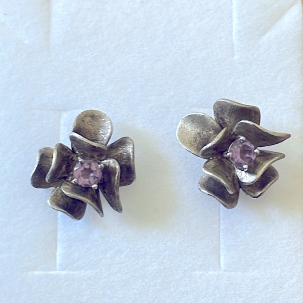 Sterling Silver Genuine Amethyst Flower Earrings